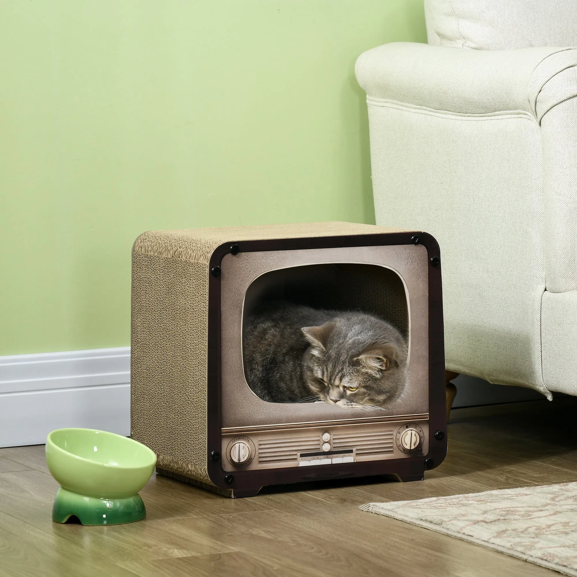 2 in 1 TV Shape Cat Scratching Board House with Catnip for Indoor Cats Brown