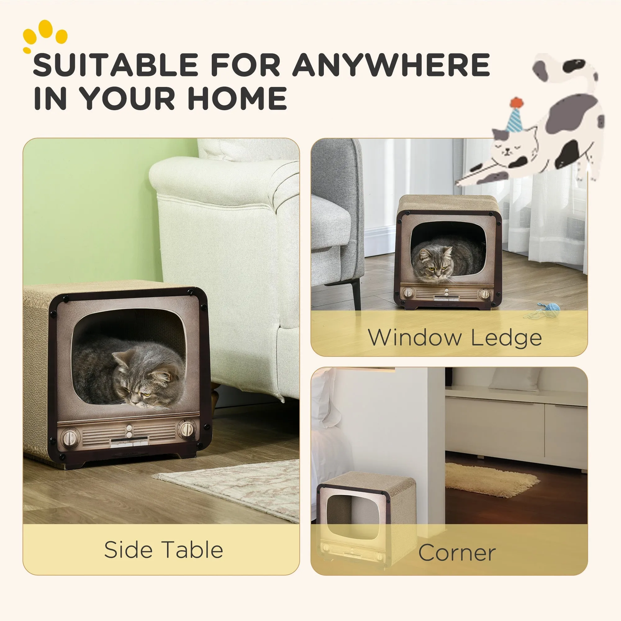 2 in 1 TV Shape Cat Scratching Board House with Catnip for Indoor Cats Brown
