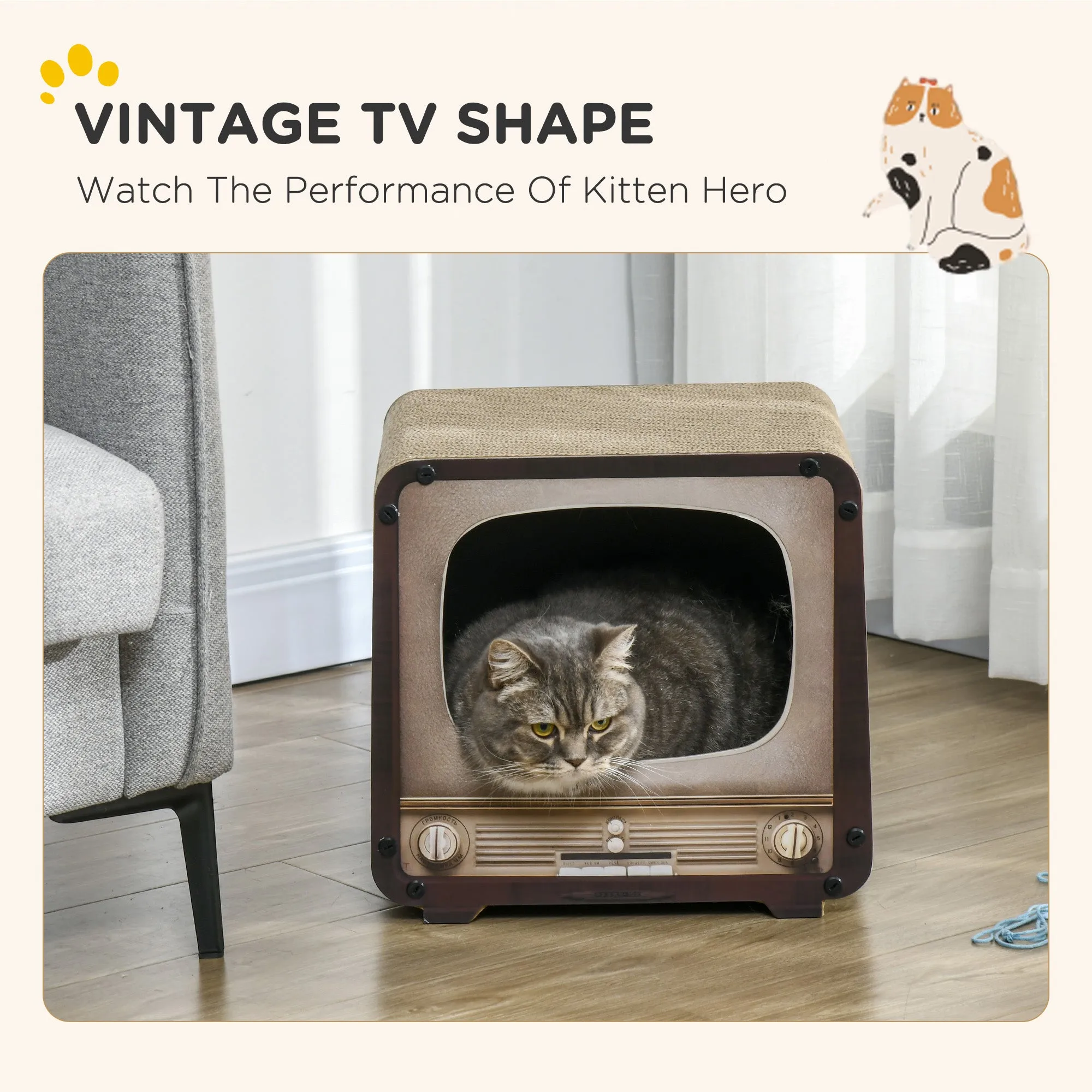2 in 1 TV Shape Cat Scratching Board House with Catnip for Indoor Cats Brown