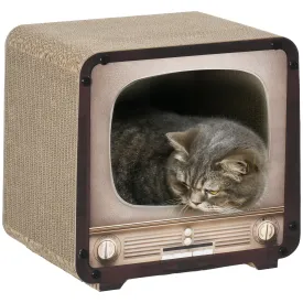 2 in 1 TV Shape Cat Scratching Board House with Catnip for Indoor Cats Brown