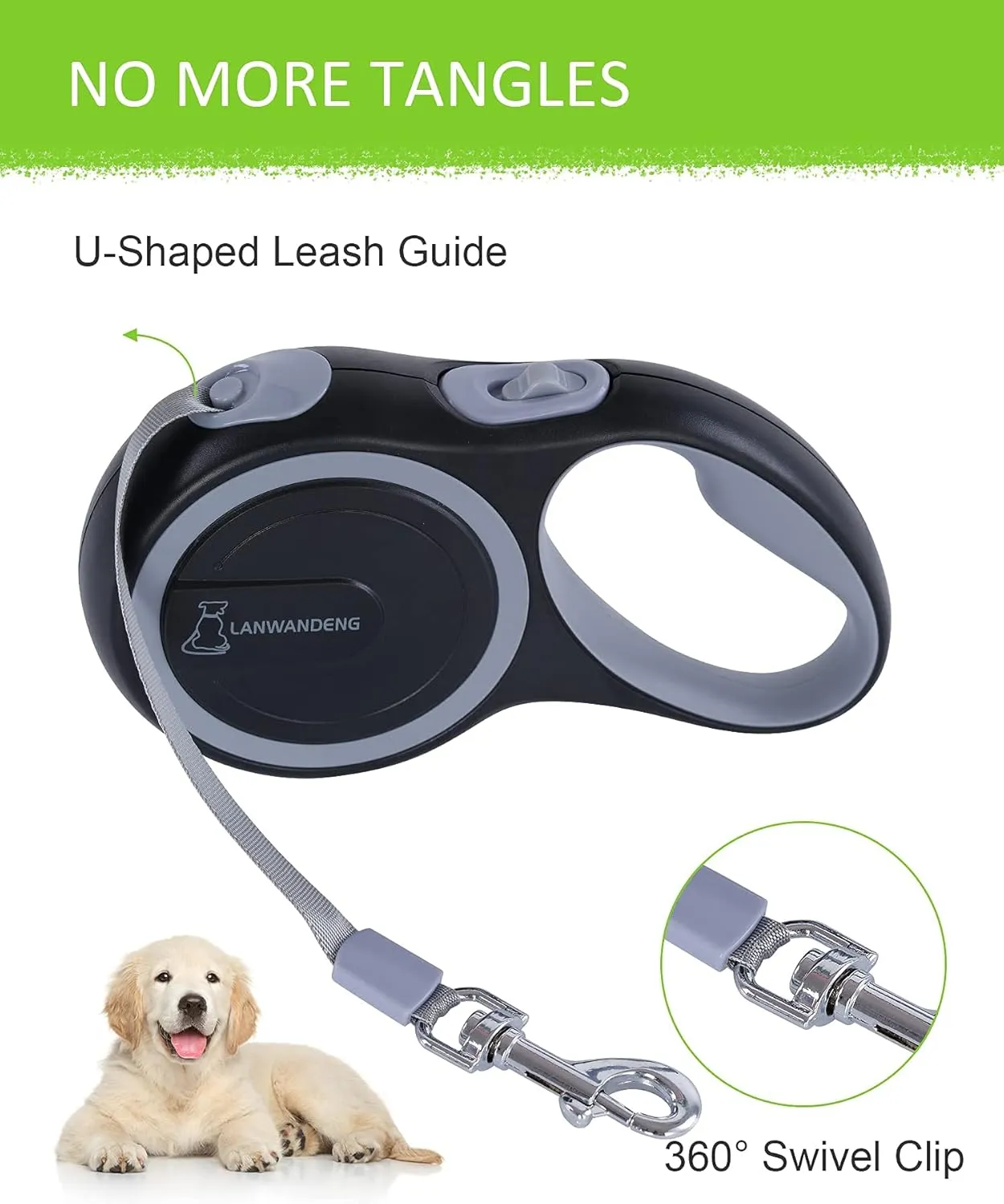 26FT Chew Proof Retractable Dog Leash with 2 Heavy Duty Anti-Chewing Wire Ropes, 360 Tangle-Free Dog Lead with Anti-Slip Handle for Medium/Large Dogs up to 110 lbs Gray