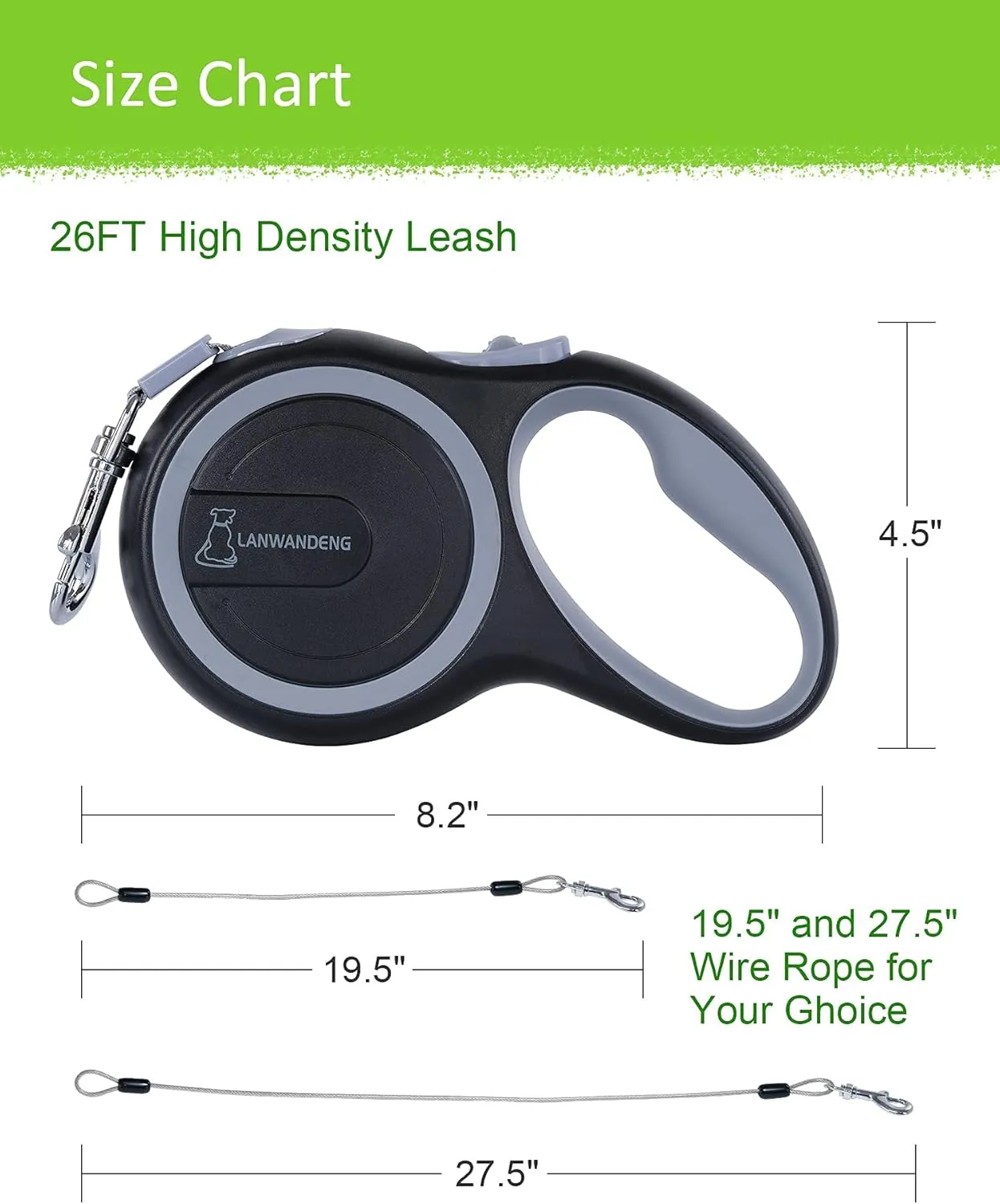 26FT Chew Proof Retractable Dog Leash with 2 Heavy Duty Anti-Chewing Wire Ropes, 360 Tangle-Free Dog Lead with Anti-Slip Handle for Medium/Large Dogs up to 110 lbs Gray