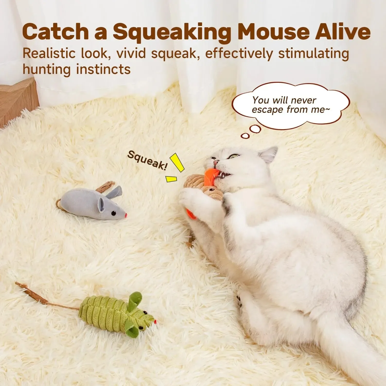 3Pcs Squeak Mice, Mouse-shaped cat toys