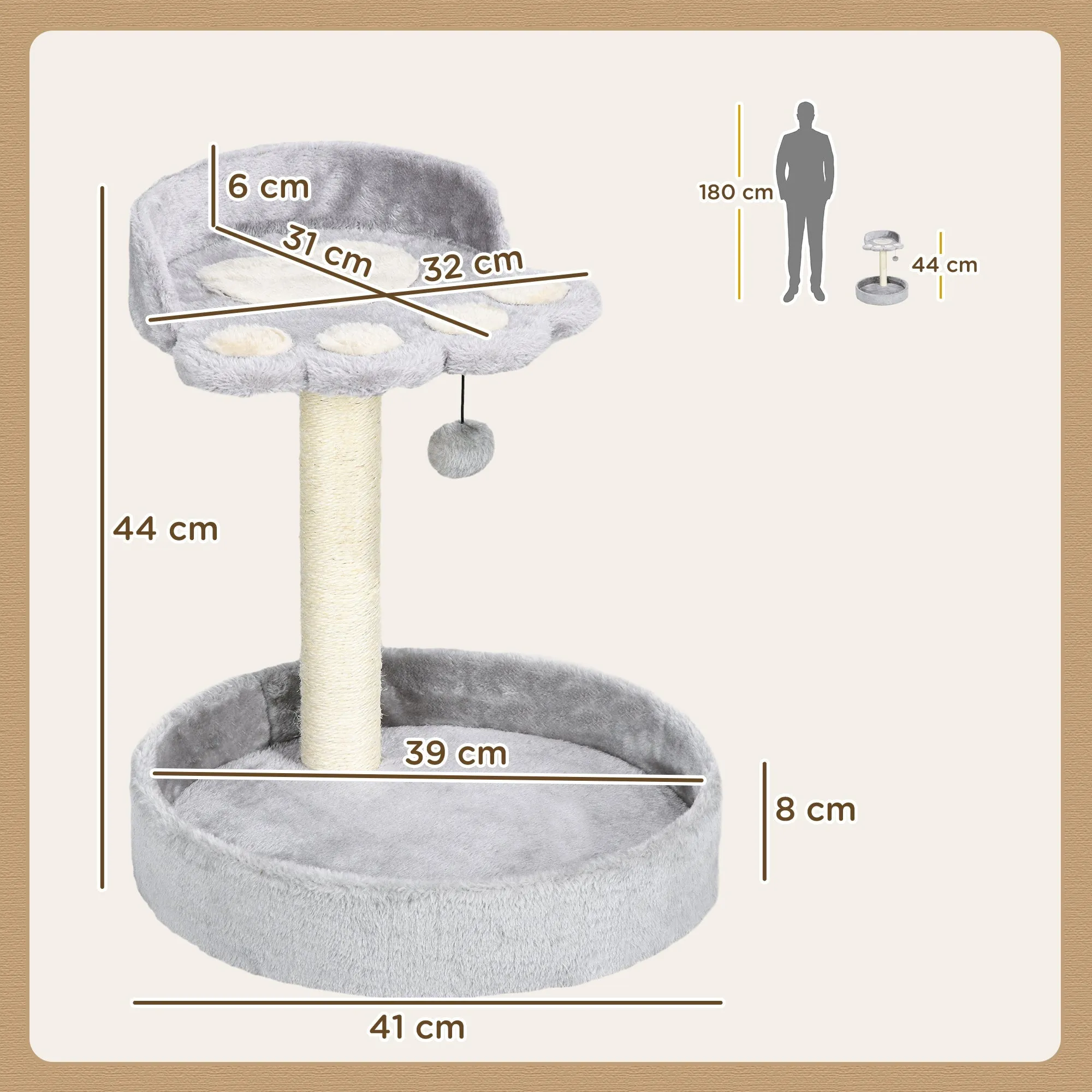 44cm Cat Tower Cat Tree for Indoor Cats with Sisal Cat Scratching Post Toy Ball - Light Grey