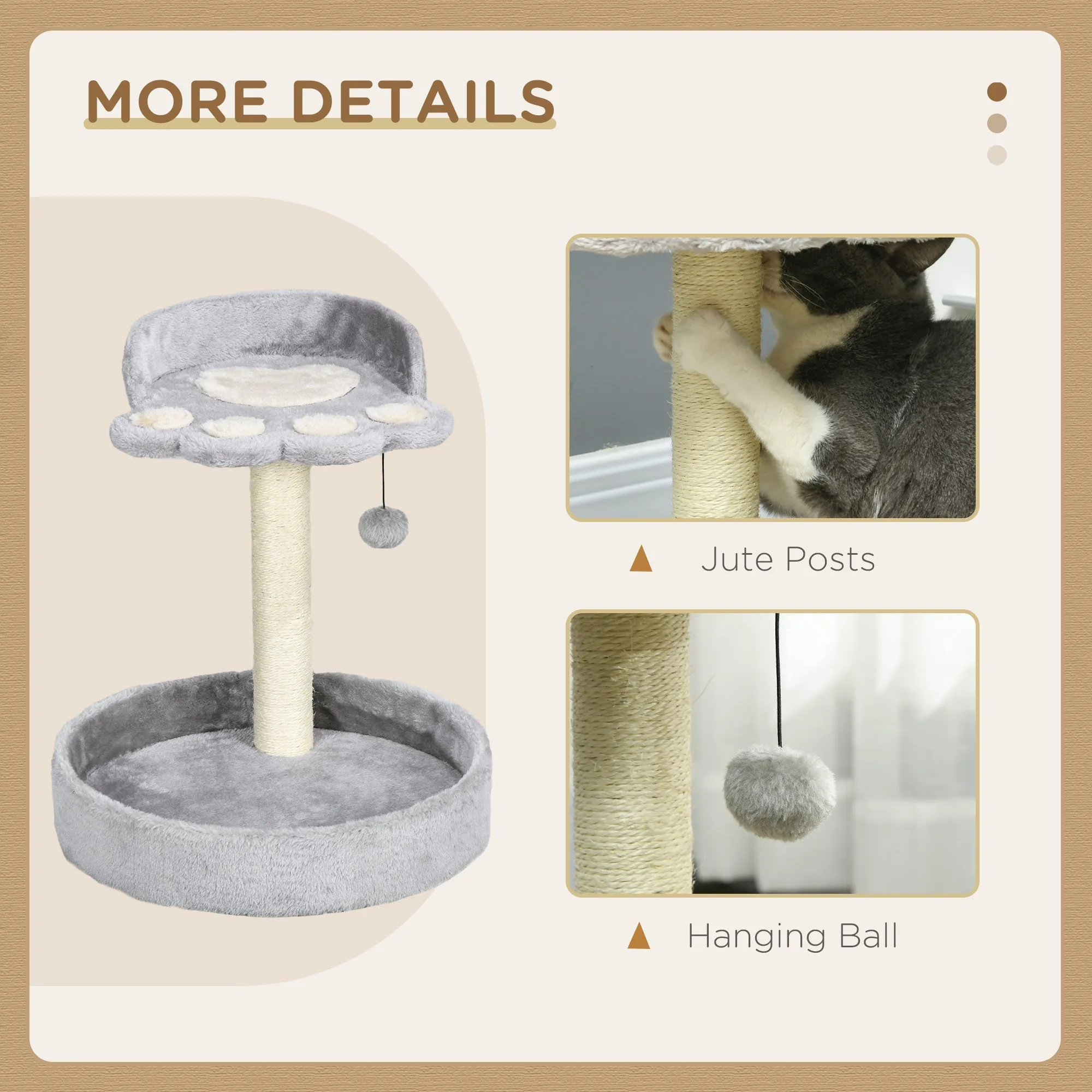 44cm Cat Tower Cat Tree for Indoor Cats with Sisal Cat Scratching Post Toy Ball - Light Grey