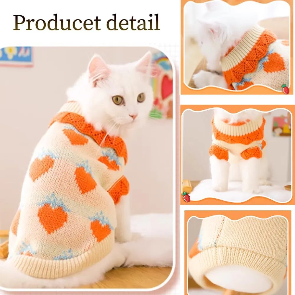 ANIAC Fall Dog Sweater for Small Dog Girl Strawberry Knitted Cat Sweater Winter Puppy Clothes Turtleneck Kitten Knitwear Could Weather Outfit for Teacup Chihuahua Yorkie Poodle (Large, Orange)