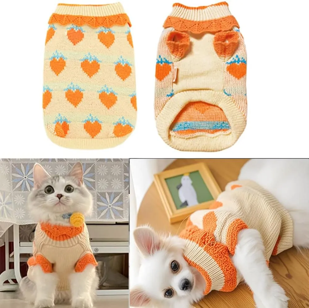 ANIAC Fall Dog Sweater for Small Dog Girl Strawberry Knitted Cat Sweater Winter Puppy Clothes Turtleneck Kitten Knitwear Could Weather Outfit for Teacup Chihuahua Yorkie Poodle (Large, Orange)