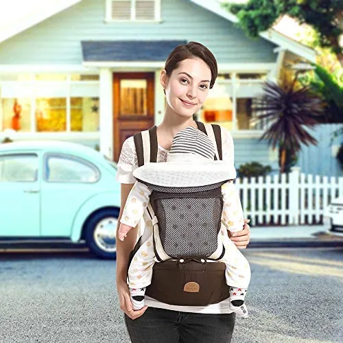 Baby Carrier Hip Seat Toddler 360 Ergonomic Breathable Soft Baby Backpack Carrier Seat Belt Waistband Hip Support with Pocket for Newborn, Infant & Toddler, All Season, Multi-Position (Brown)