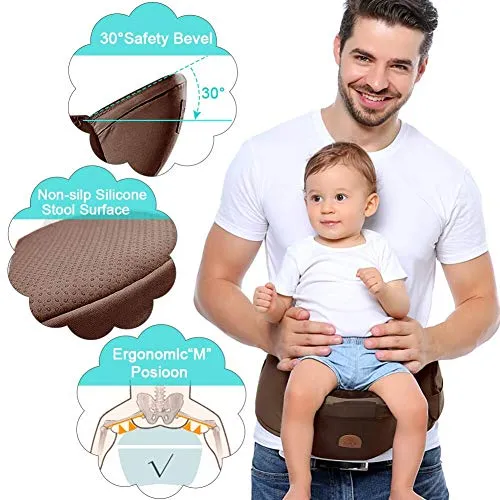Baby Carrier Hip Seat Toddler 360 Ergonomic Breathable Soft Baby Backpack Carrier Seat Belt Waistband Hip Support with Pocket for Newborn, Infant & Toddler, All Season, Multi-Position (Brown)