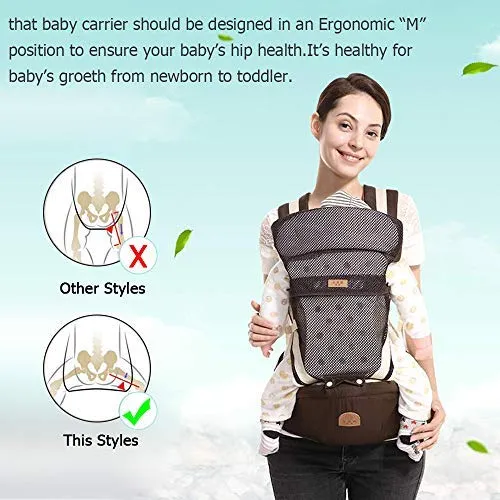 Baby Carrier Hip Seat Toddler 360 Ergonomic Breathable Soft Baby Backpack Carrier Seat Belt Waistband Hip Support with Pocket for Newborn, Infant & Toddler, All Season, Multi-Position (Brown)
