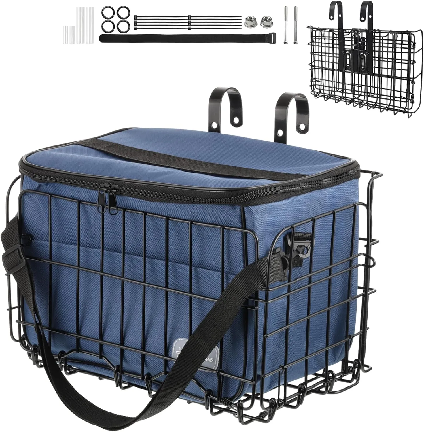 Bike Basket Front, Folding Bicycle Basket with Removable Liner Bag, Removable Front Bag/Rear Hanging Cargo Rack, Large Quick Release Design Bicycle Frame Basket, Carrying Pets Fruit & Grocery (Blue)
