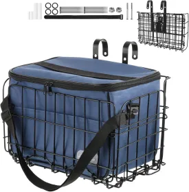 Bike Basket Front, Folding Bicycle Basket with Removable Liner Bag, Removable Front Bag/Rear Hanging Cargo Rack, Large Quick Release Design Bicycle Frame Basket, Carrying Pets Fruit & Grocery (Blue)