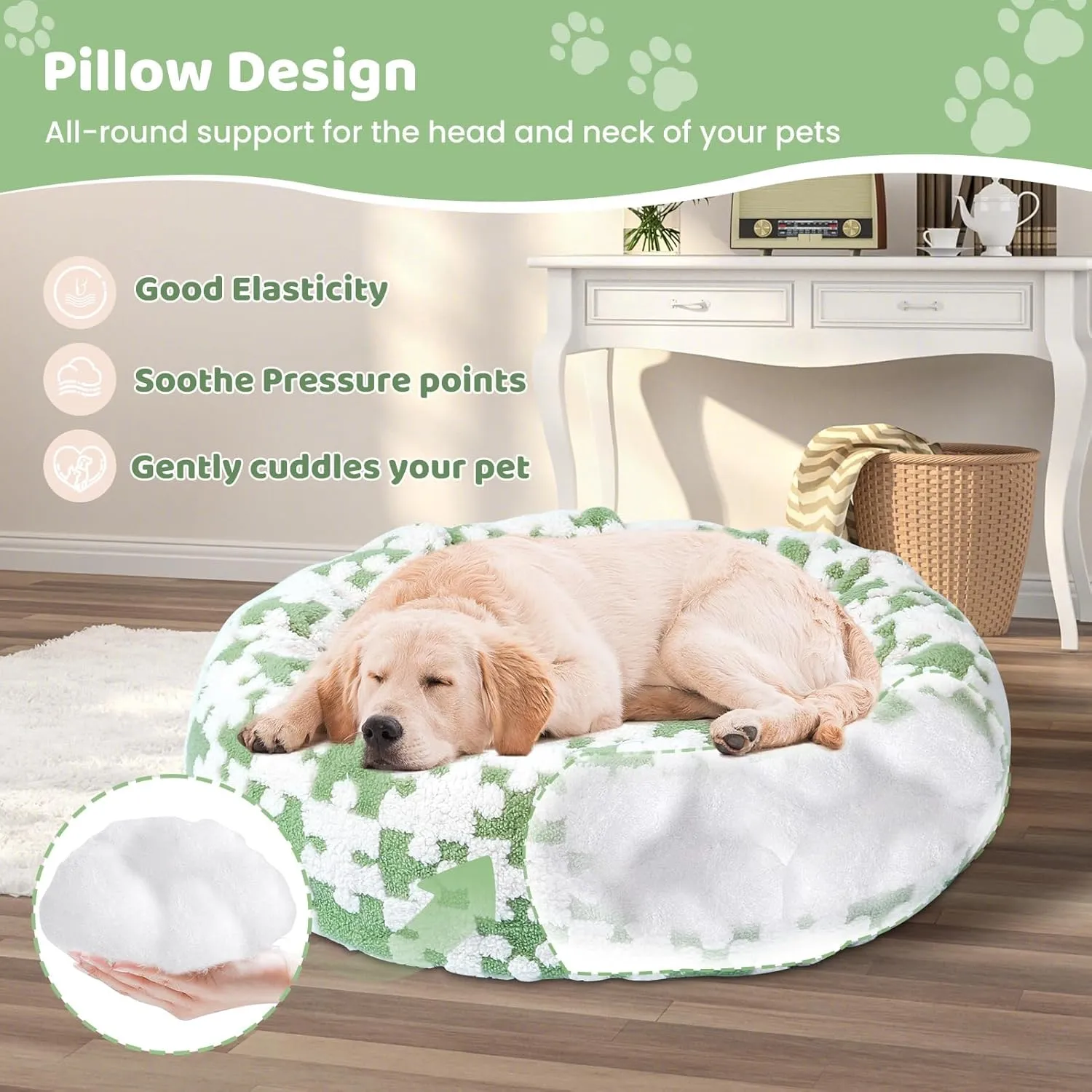 Calming Dog Bed for Small Medium Dogs, Donut Cat Bed, Warming Round Cushion for Indoor Cats - Cozy Soft, Washable & Anti-Slip, 23 Inches (Green Puzzle)