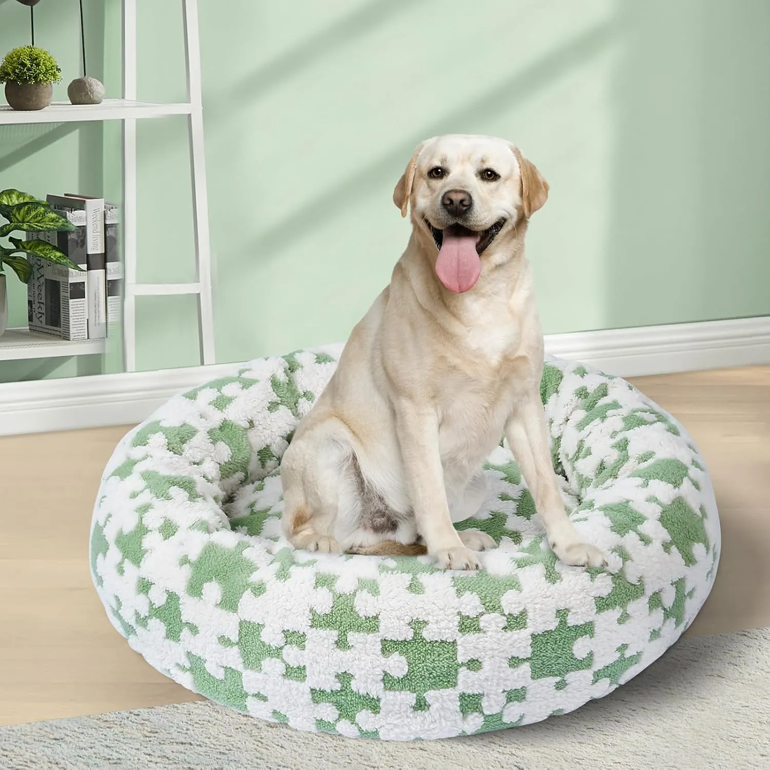 Calming Dog Bed for Small Medium Dogs, Donut Cat Bed, Warming Round Cushion for Indoor Cats - Cozy Soft, Washable & Anti-Slip, 23 Inches (Green Puzzle)