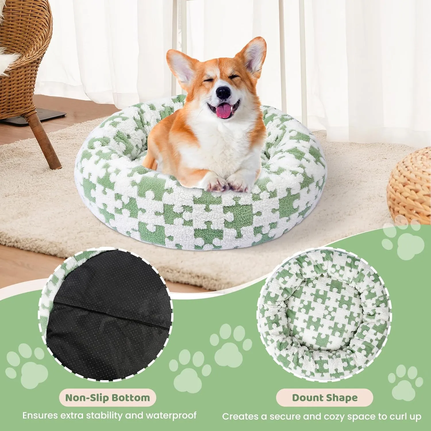 Calming Dog Bed for Small Medium Dogs, Donut Cat Bed, Warming Round Cushion for Indoor Cats - Cozy Soft, Washable & Anti-Slip, 23 Inches (Green Puzzle)