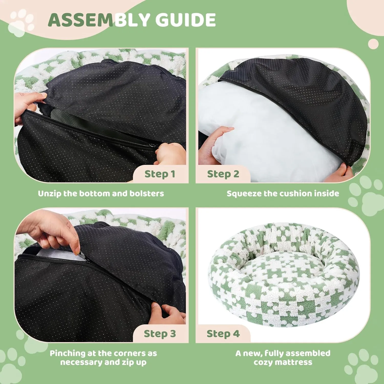Calming Dog Bed for Small Medium Dogs, Donut Cat Bed, Warming Round Cushion for Indoor Cats - Cozy Soft, Washable & Anti-Slip, 23 Inches (Green Puzzle)