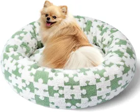 Calming Dog Bed for Small Medium Dogs, Donut Cat Bed, Warming Round Cushion for Indoor Cats - Cozy Soft, Washable & Anti-Slip, 23 Inches (Green Puzzle)