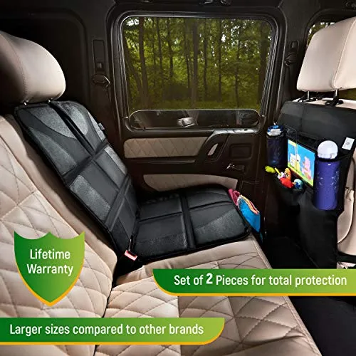 Car Seat Protector   Rear Seat Organizer For Kids - Waterproof & Stain Resistant Protective Backseat Kick Mat W/ Storage Pockets & Tablet Holder - Baby Travel Kickmat & Front / Back Seat Cover Set