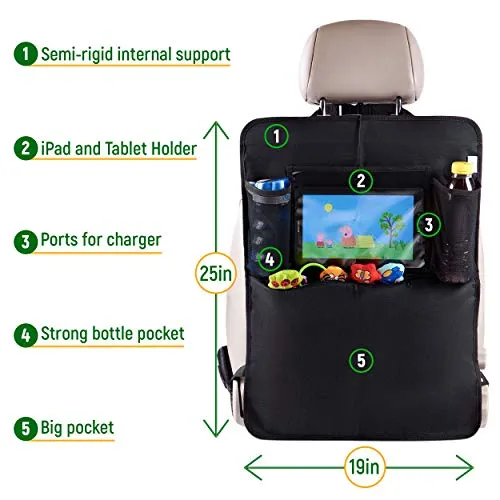 Car Seat Protector   Rear Seat Organizer For Kids - Waterproof & Stain Resistant Protective Backseat Kick Mat W/ Storage Pockets & Tablet Holder - Baby Travel Kickmat & Front / Back Seat Cover Set