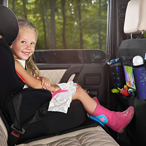 Car Seat Protector   Rear Seat Organizer For Kids - Waterproof & Stain Resistant Protective Backseat Kick Mat W/ Storage Pockets & Tablet Holder - Baby Travel Kickmat & Front / Back Seat Cover Set
