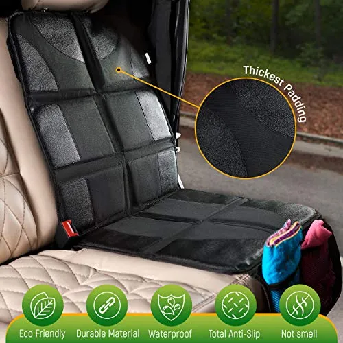 Car Seat Protector   Rear Seat Organizer For Kids - Waterproof & Stain Resistant Protective Backseat Kick Mat W/ Storage Pockets & Tablet Holder - Baby Travel Kickmat & Front / Back Seat Cover Set