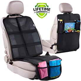 Car Seat Protector   Rear Seat Organizer For Kids - Waterproof & Stain Resistant Protective Backseat Kick Mat W/ Storage Pockets & Tablet Holder - Baby Travel Kickmat & Front / Back Seat Cover Set