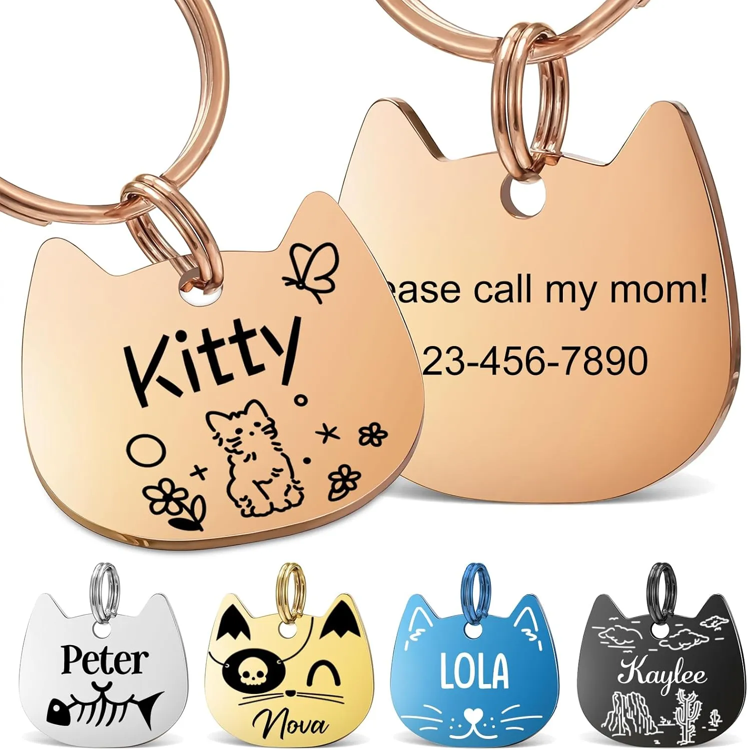 Cat Tags Personalized, Cat Dog ID Tag Custom Dogs Stainless Steel Name Tag Customized Pet Tags Both Side Engravable Kitten Puppy Name Tags(Rose Gold, L), Large