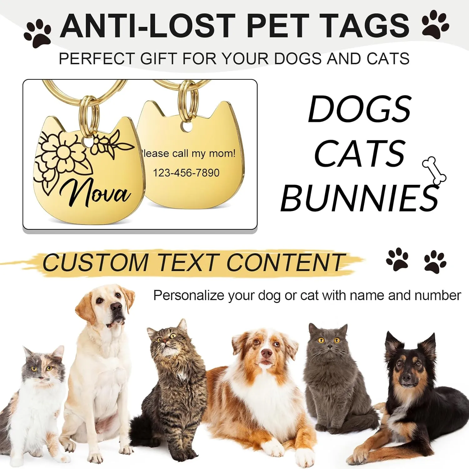 Cat Tags Personalized, Cat Dog ID Tag Custom Dogs Stainless Steel Name Tag Customized Pet Tags Both Side Engravable Kitten Puppy Name Tags(Rose Gold, L), Large