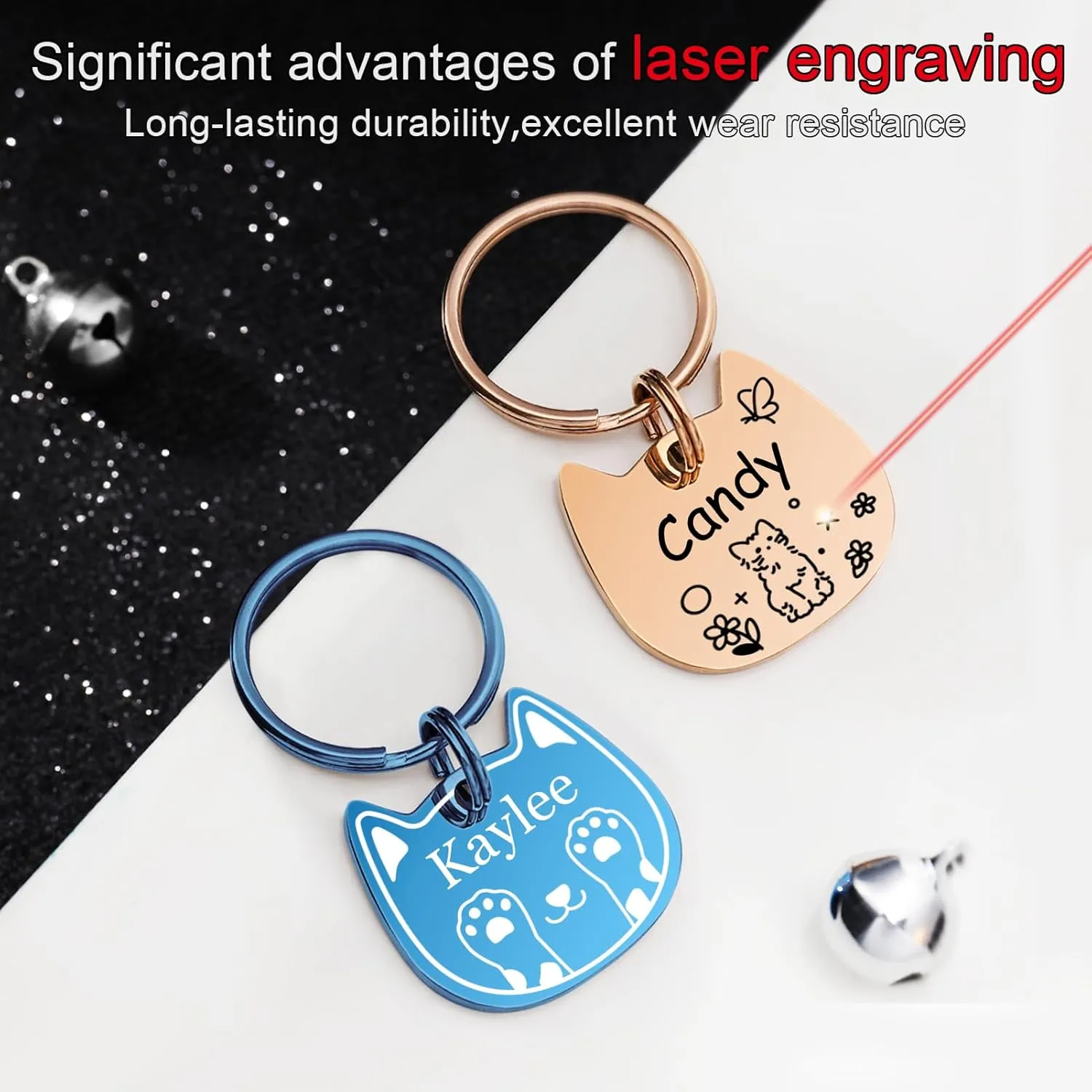 Cat Tags Personalized, Cat Dog ID Tag Custom Dogs Stainless Steel Name Tag Customized Pet Tags Both Side Engravable Kitten Puppy Name Tags(Rose Gold, L), Large