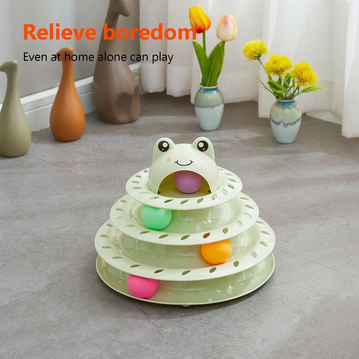 Cat Toys, 4-Level Turntable Ball Track Interactive Cat Toy for Indoor Cats, Self Play Fun Roller with Colorful Rotating Ball Puzzle Exercise Kitten Toys (Green)