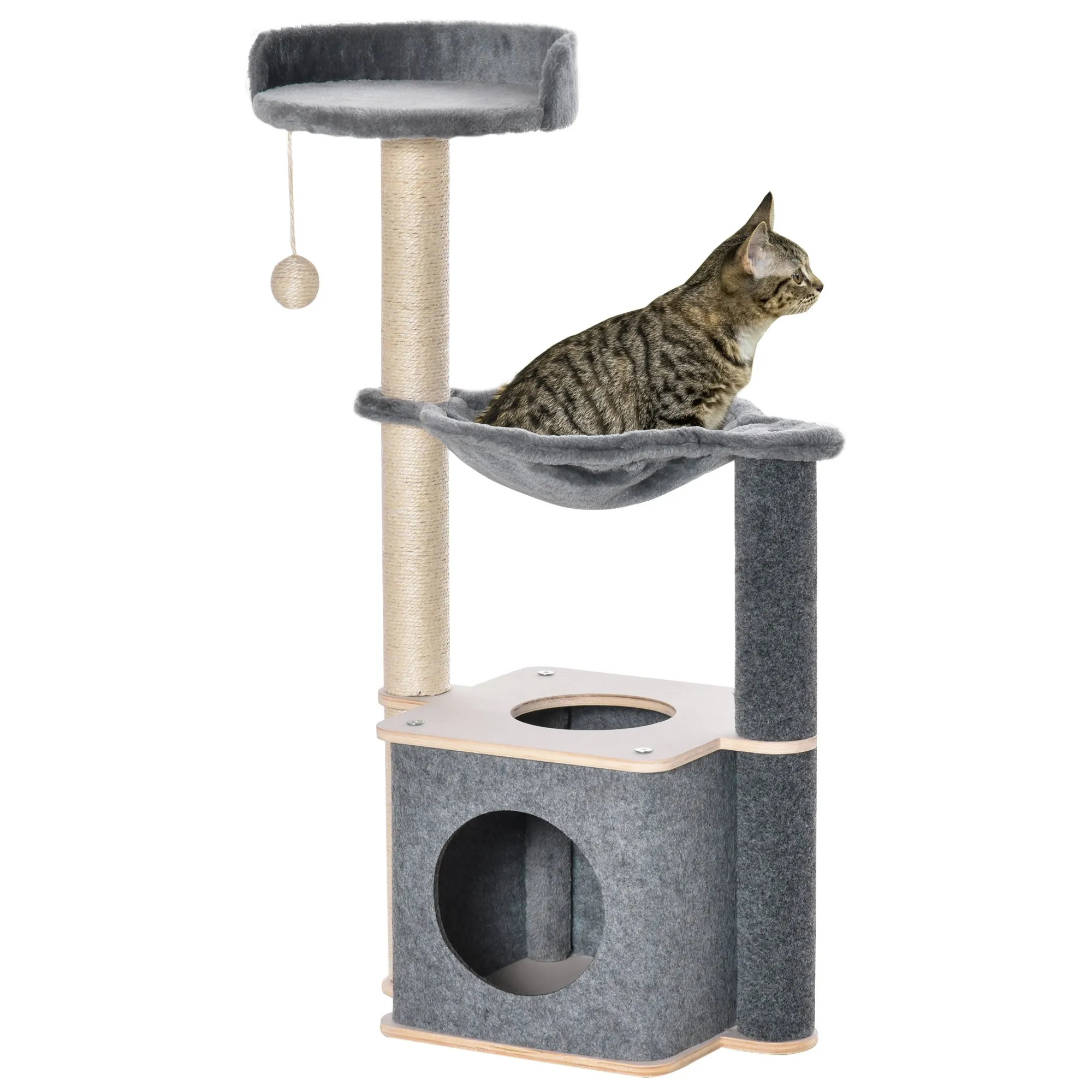 Cat Tree Cat Tower 95cm Climbing Kitten Activity Center with Sisal Scratching Post Perch Roomy Condo Hammock Grey