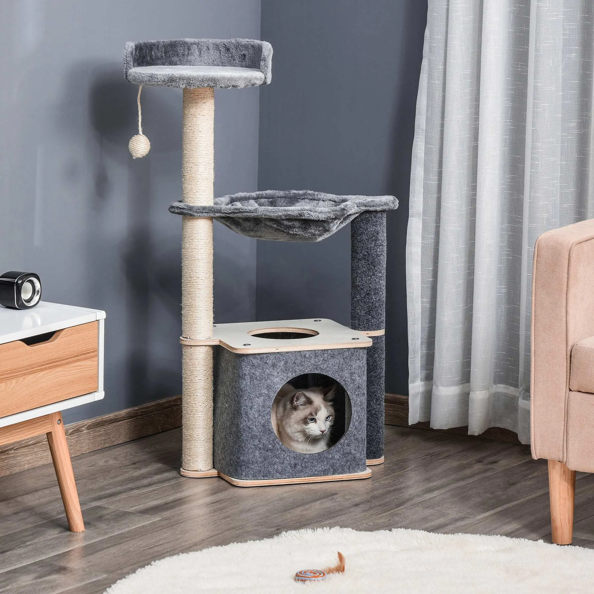 Cat Tree Cat Tower 95cm Climbing Kitten Activity Center with Sisal Scratching Post Perch Roomy Condo Hammock Grey