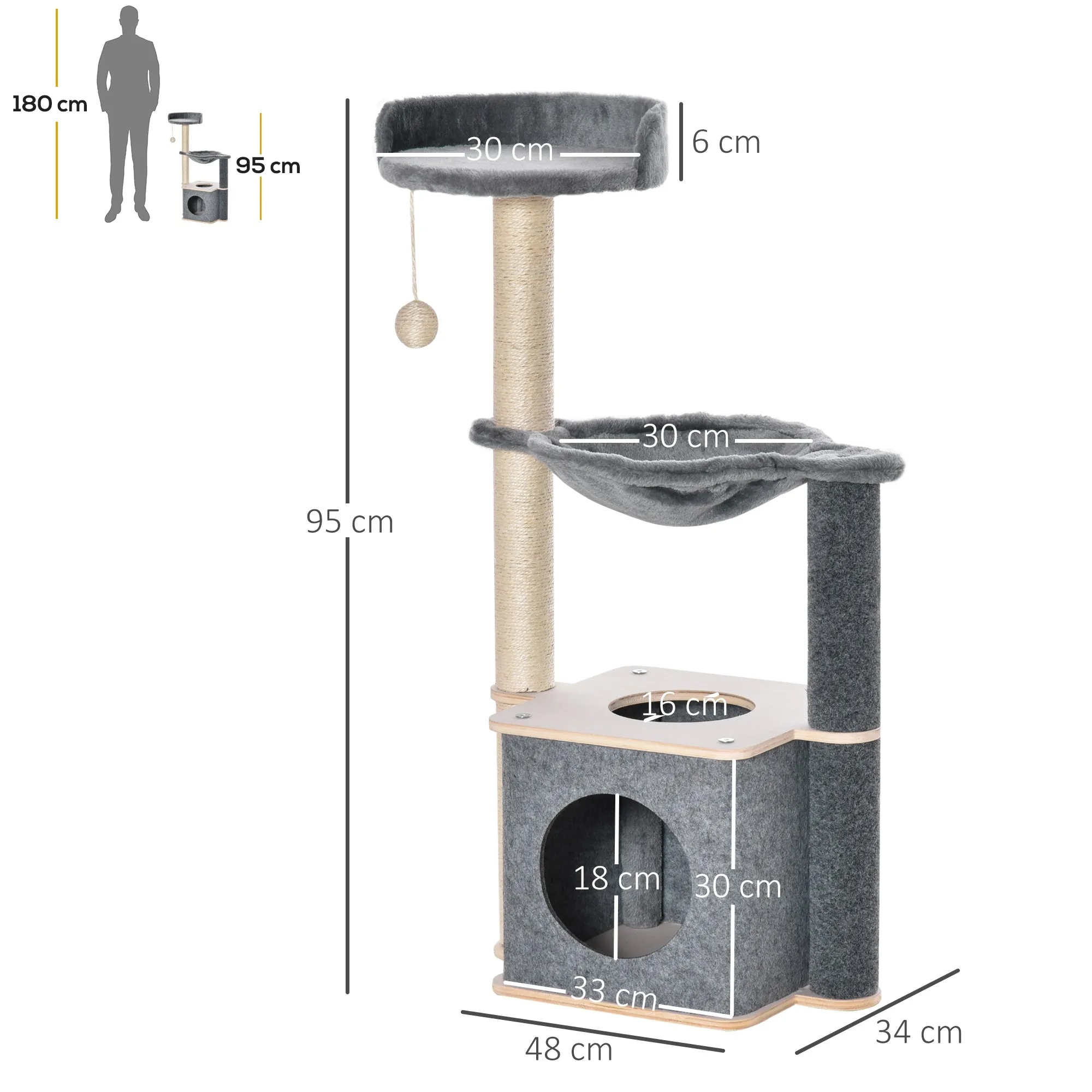 Cat Tree Cat Tower 95cm Climbing Kitten Activity Center with Sisal Scratching Post Perch Roomy Condo Hammock Grey