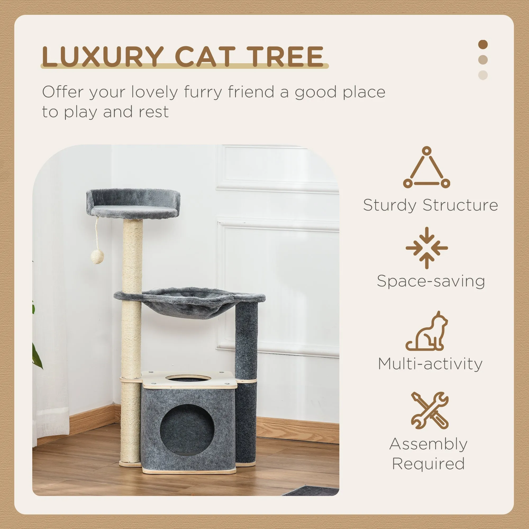 Cat Tree Cat Tower 95cm Climbing Kitten Activity Center with Sisal Scratching Post Perch Roomy Condo Hammock Grey