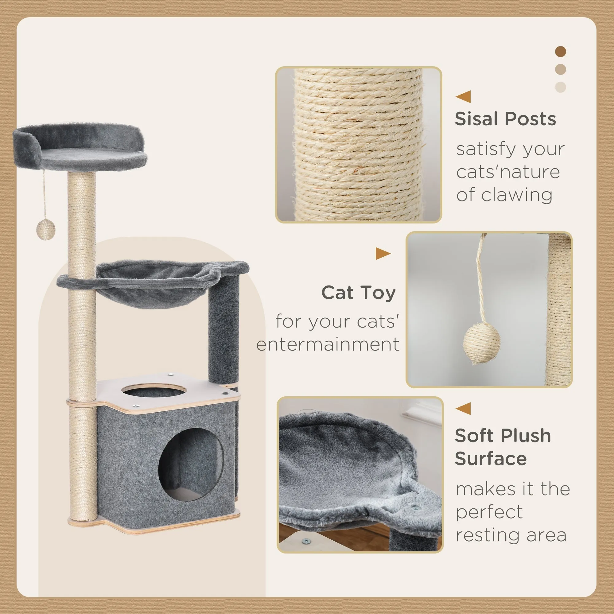 Cat Tree Cat Tower 95cm Climbing Kitten Activity Center with Sisal Scratching Post Perch Roomy Condo Hammock Grey