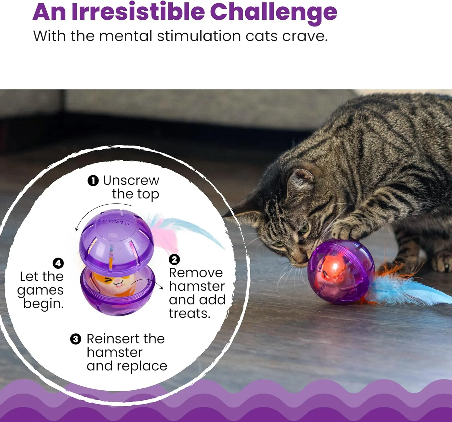 Catstages Hamster Ball Interactive Treat Stuffer for Cats with Plush Toy Inside, Purple