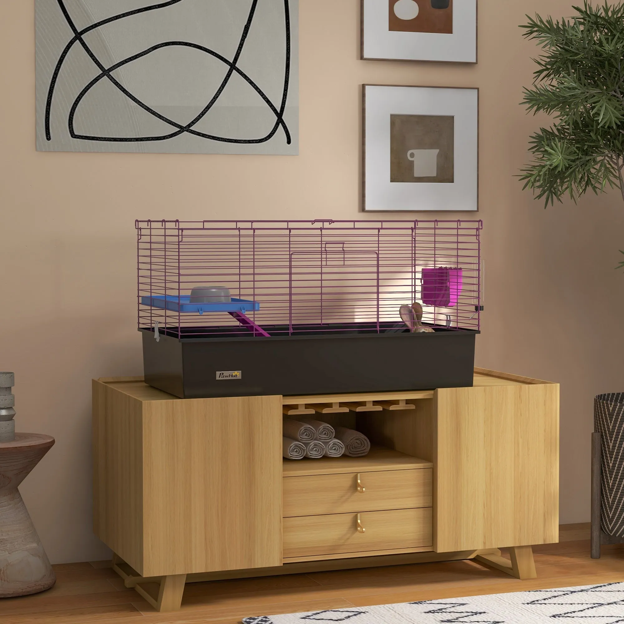 Chinchillas Small Rabbit Guinea Pig Small Animal Cage Pet Playhouse with Platform Ramp 99 x 52 x 53cm Black