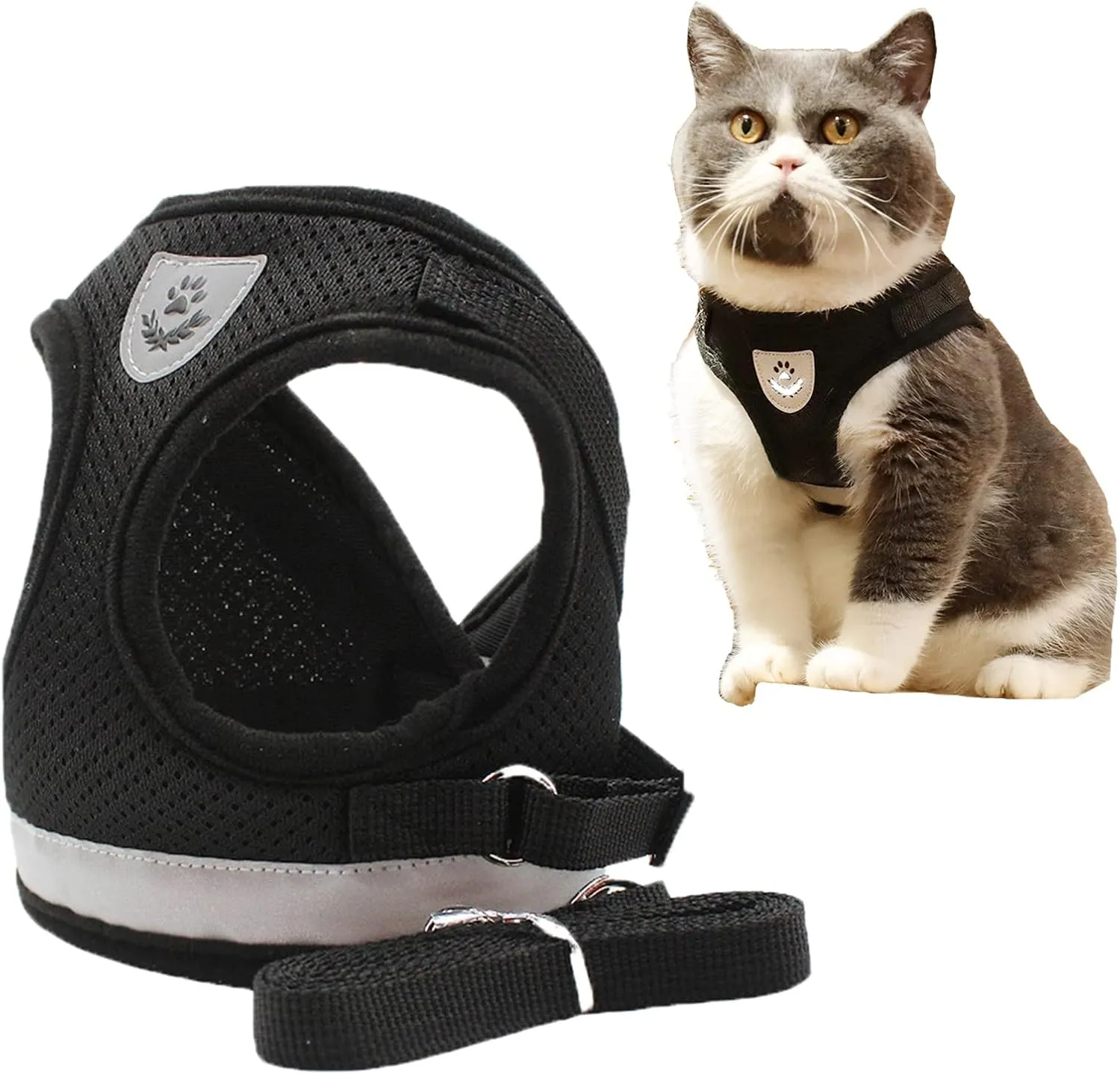 Comfort Step-in Cat Dog Harness and Leash Set for Puppies Cats Kitty Escape Proof Pet Vest Harnesses for Small Animals Rabbit/Mouse/Cats (M:3-4.5KG, Black)