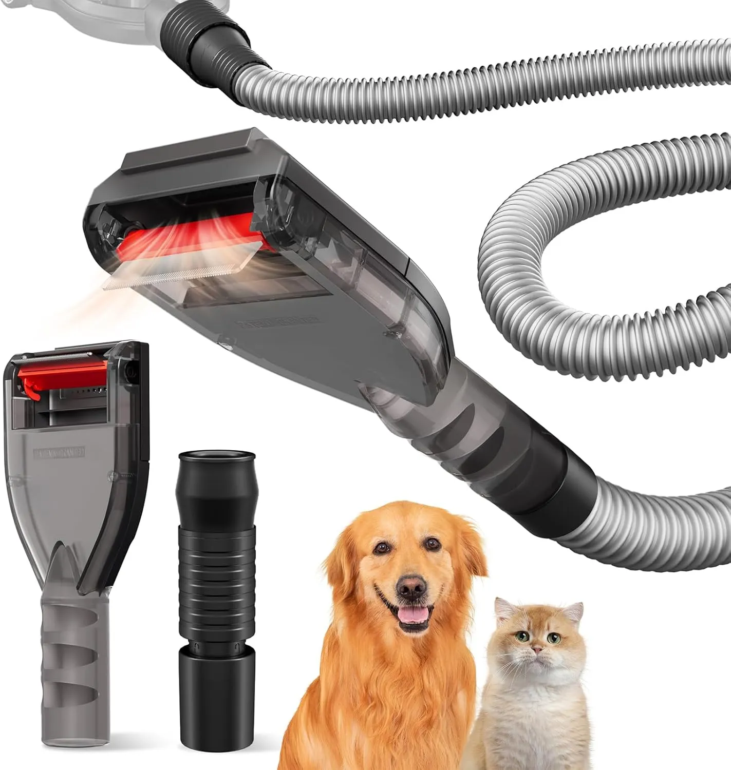 Dog Brush Vacuum Attachment for Most Vacuums, Dog Hair Shedding Grooming Tool Kit with Universal 1" to 1-3/4" Adapters, Pet Undercoat Deshedding Comb with Extension Vac Hose Adaptors