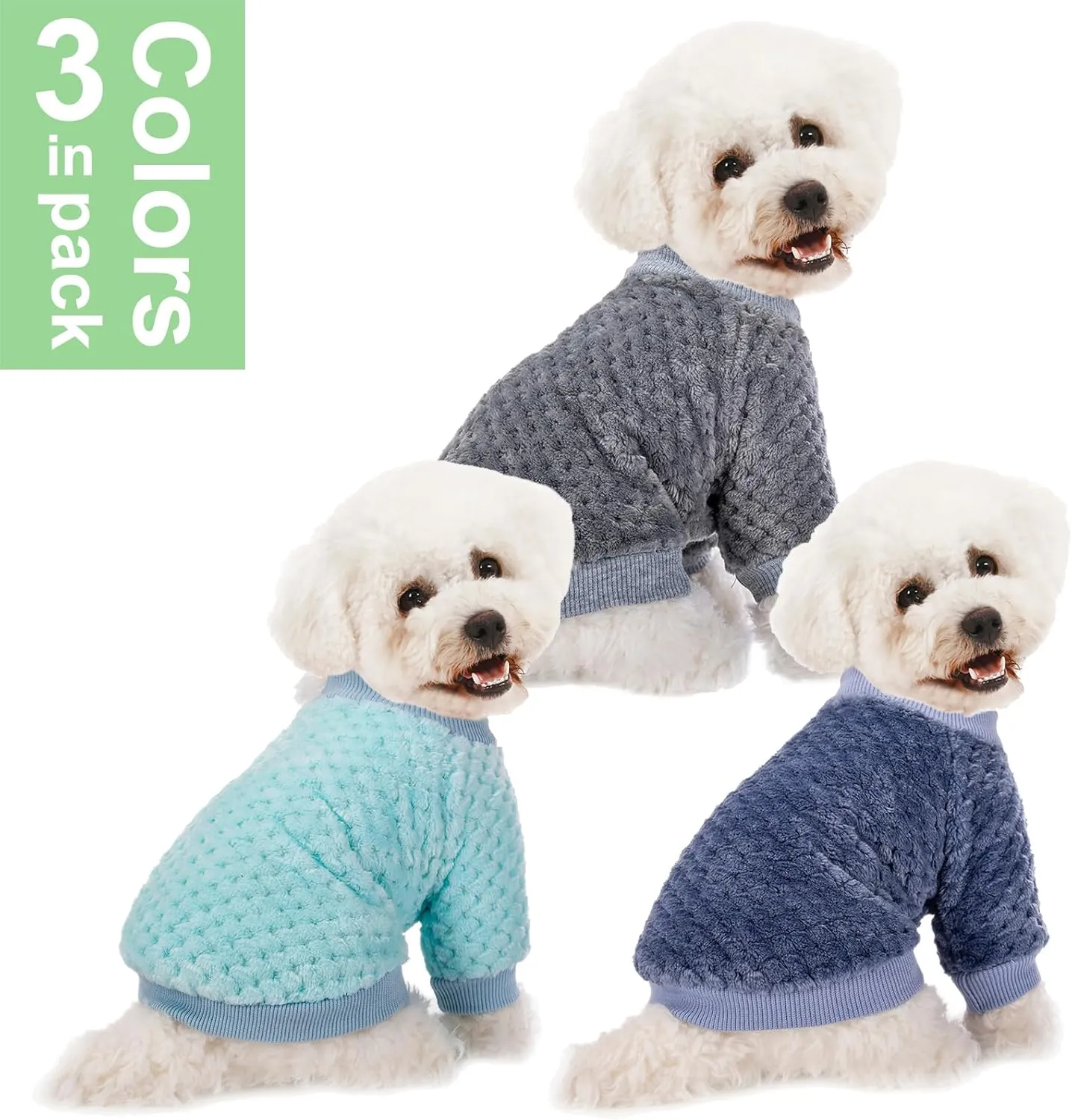 Dog Sweater, 3 Pack Dog Sweaters for Small Medium Dogs or Cat, Warm Soft Flannel Pet Clothes for Dogs Girl or Boy, Dog Shirt Coat Jacket (Large, Grey Navy Sky Blue)