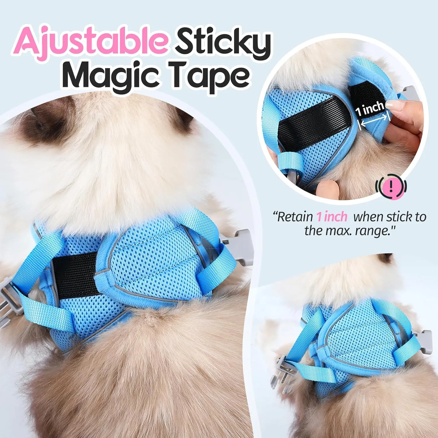 Dooradar Cat Harness and Leash Set, Escape Proof Lightweight Kitten Harness, Soft Breathable Reflective Vest for Outdoor Walking Traveling, Adjustable for Large Cats, Pink & Blue, L