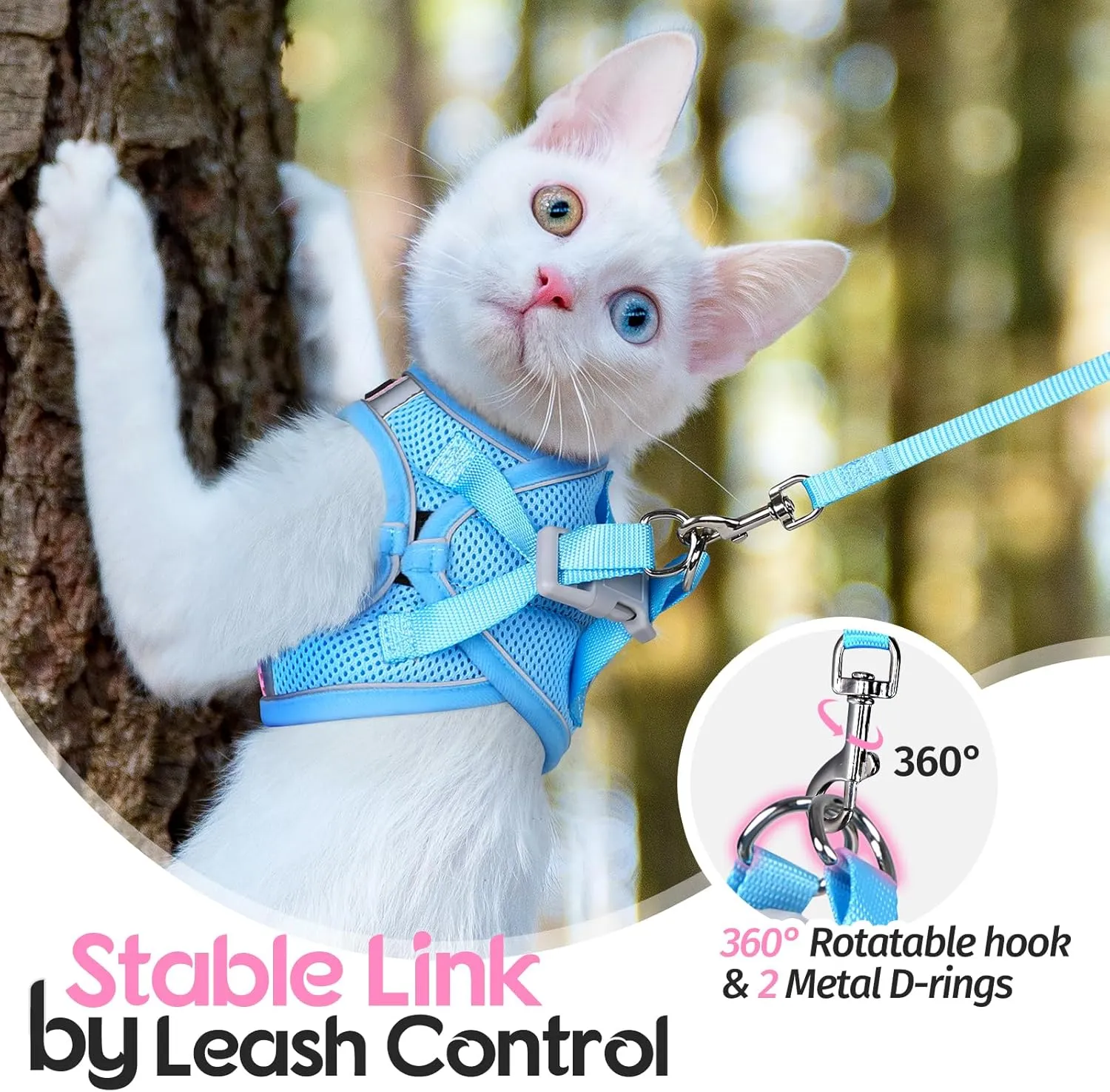 Dooradar Cat Harness and Leash Set, Escape Proof Lightweight Kitten Harness, Soft Breathable Reflective Vest for Outdoor Walking Traveling, Adjustable for Large Cats, Pink & Blue, L