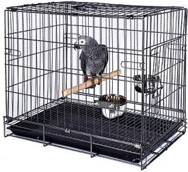 Easy Foldable Travel Vet Bird Parrot Cage Carrier Handle with Stainless Feeder Bowls and Natural Wooden Stand Perch Prevent Beaks Out
