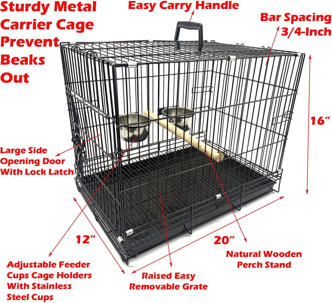 Easy Foldable Travel Vet Bird Parrot Cage Carrier Handle with Stainless Feeder Bowls and Natural Wooden Stand Perch Prevent Beaks Out