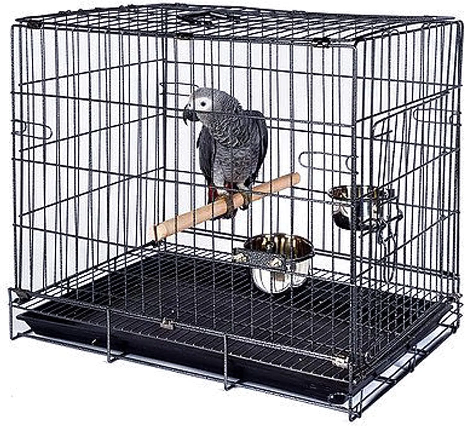 Easy Foldable Travel Vet Bird Parrot Cage Carrier Handle with Stainless Feeder Bowls and Natural Wooden Stand Perch Prevent Beaks Out