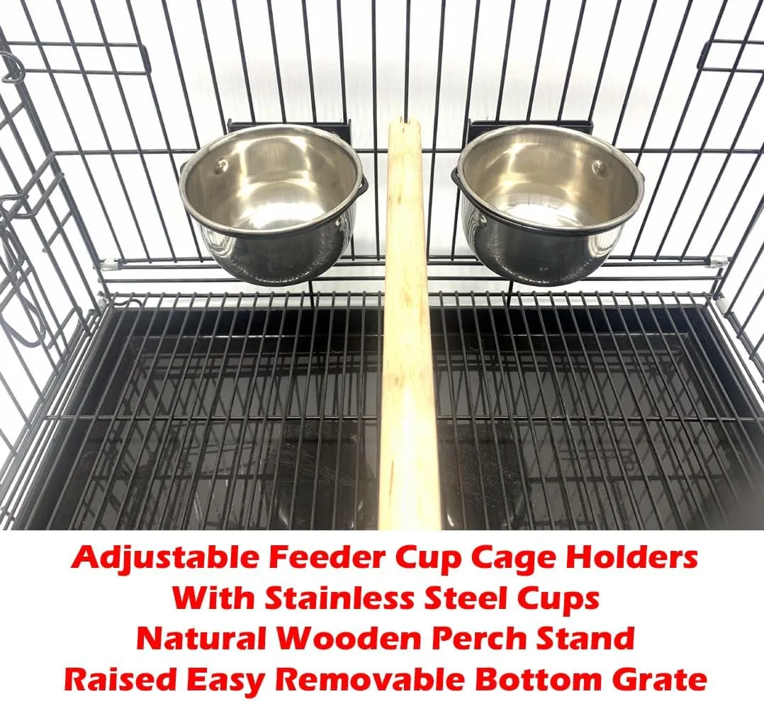 Easy Foldable Travel Vet Bird Parrot Cage Carrier Handle with Stainless Feeder Bowls and Natural Wooden Stand Perch Prevent Beaks Out