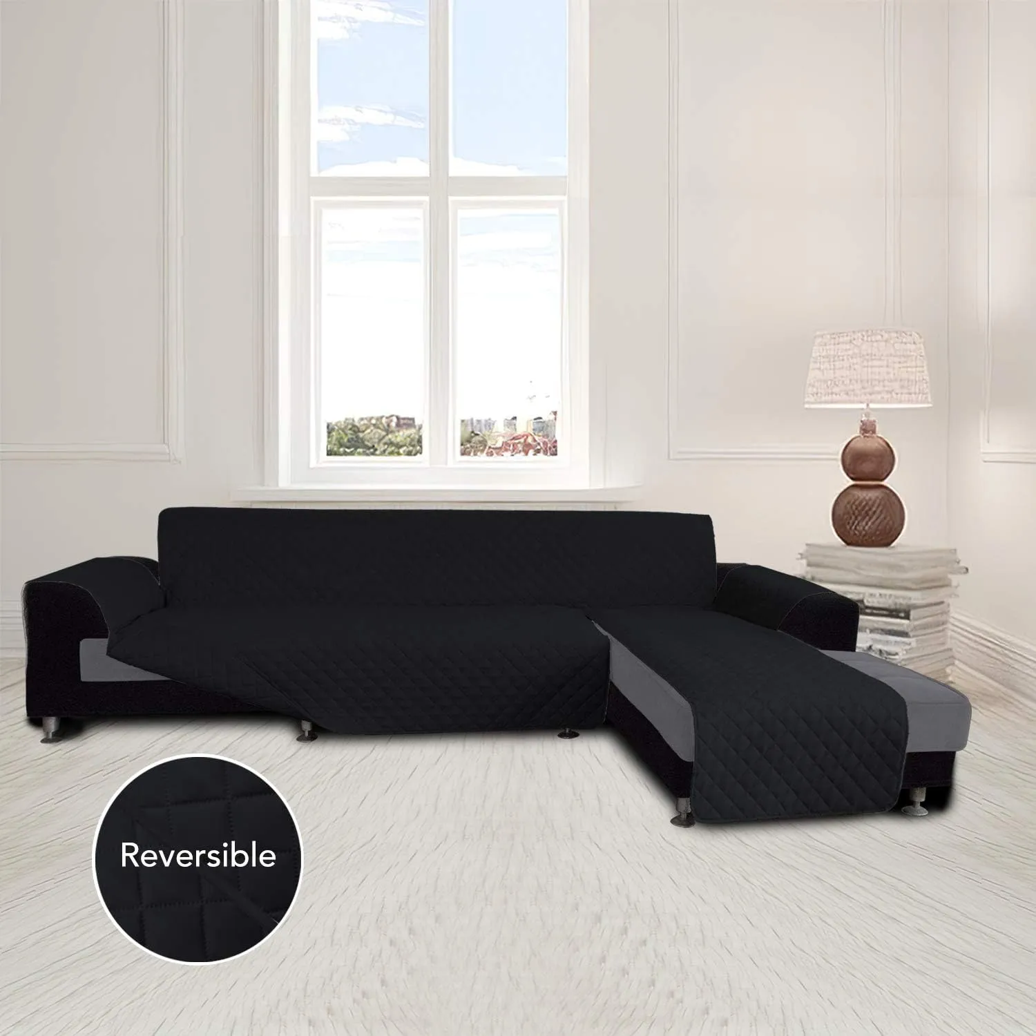 Easy-Going L Shape Sofa Cover - Chaise Lounge Slip Cover Reversible Sofa Protector for Pets, Kids & Furniture (X-Large, Black/Black)