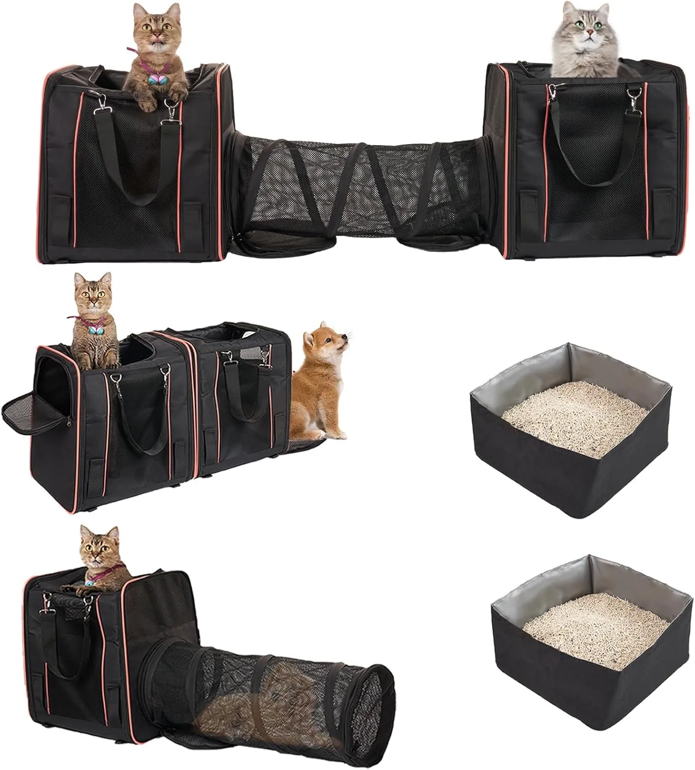 Expandable Cat Carrier with 2 Litter Box for 2 Cats, 32x17x12in Double Cat Car Travel Carriers for Cat and Dog Up to 40lbs, Soft Sided Pet Carrier with Great Ventilation for Moving Across The Country