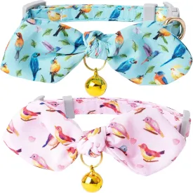 Faygarsle 2 Pack Breakaway Cute Cat Collars with Bell, Cat Collar with Bow for Girl Boy Cats Pink Blue Bird Patterns