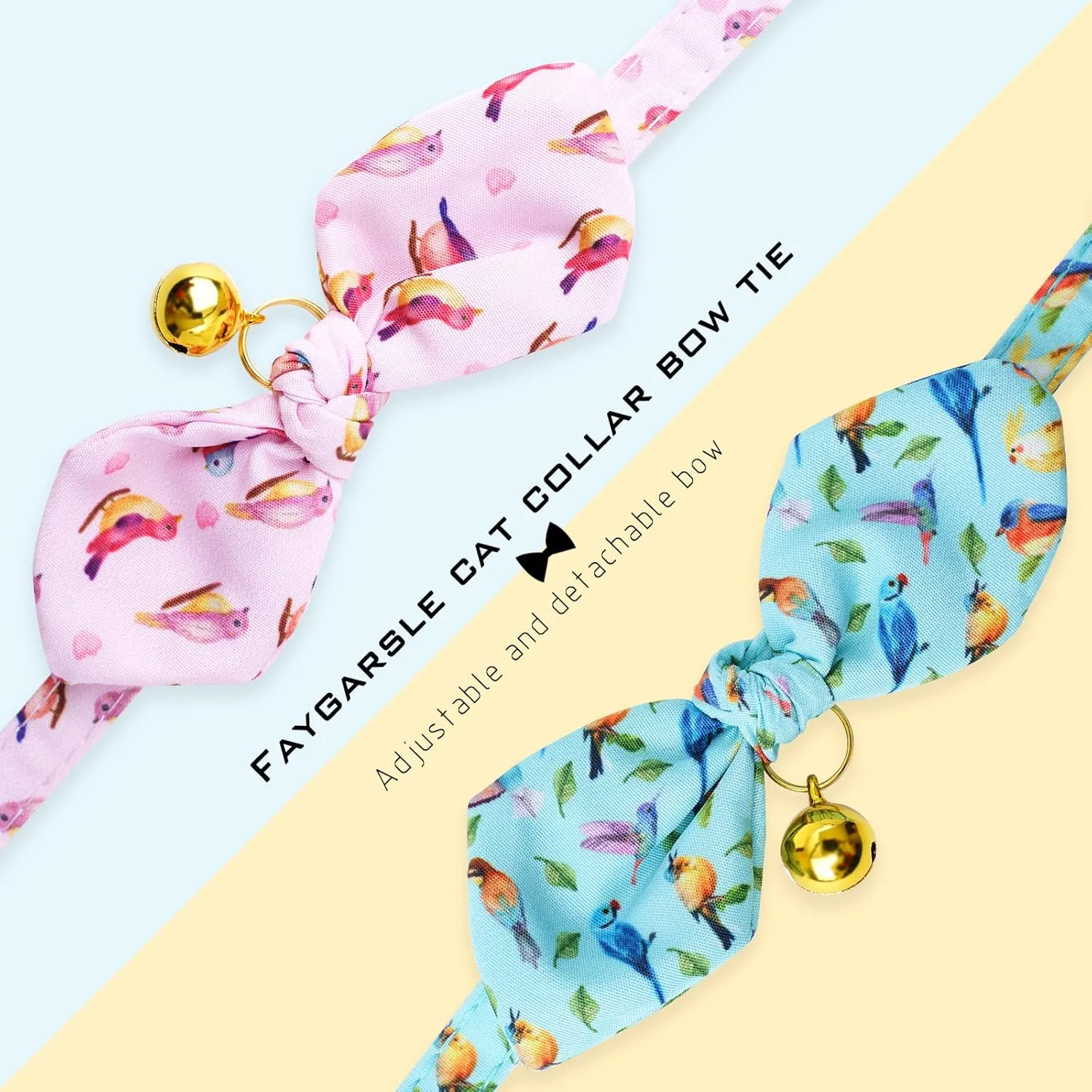Faygarsle 2 Pack Breakaway Cute Cat Collars with Bell, Cat Collar with Bow for Girl Boy Cats Pink Blue Bird Patterns